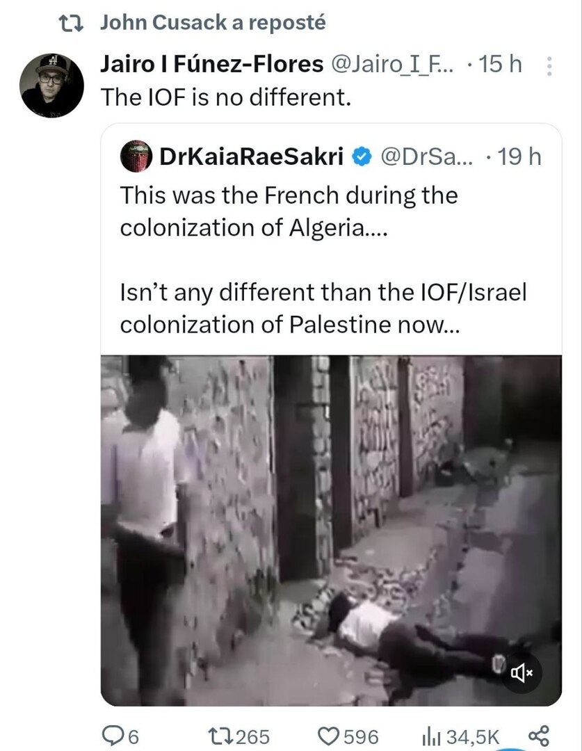 ممثل أمريكي يشارك فيديو يقارن أفعال إسرائيل في غزة بجرائم الاستعمار الفرنسي في الجزائر (فيديو)
