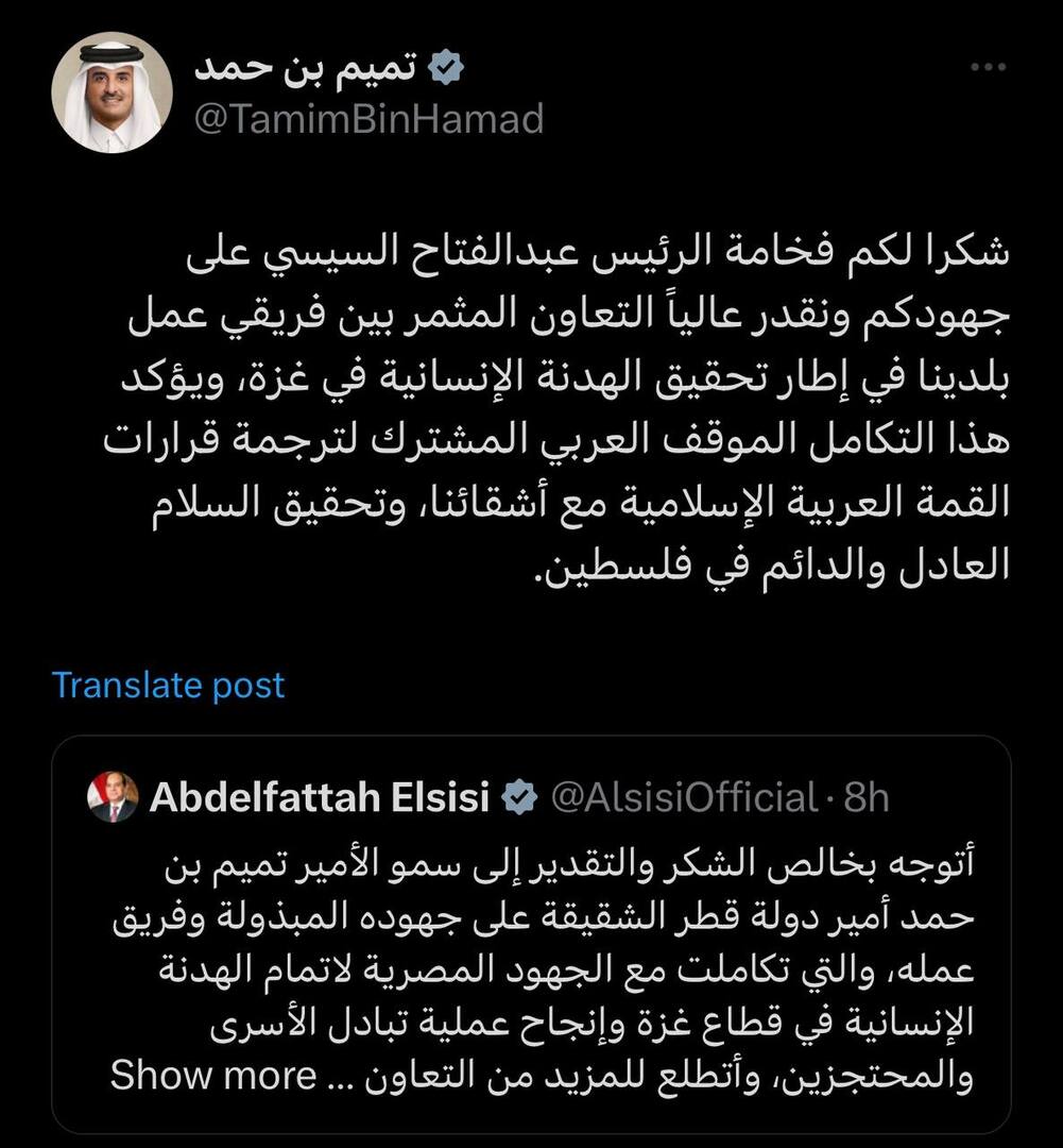 أمير قطر يعيد نشر تغريدة السيسي ويرفقها بكلمات شكر وتقدير